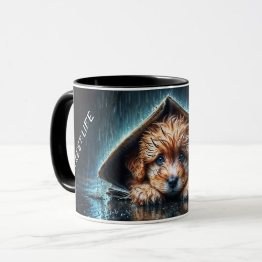 ブルーアイアートと雨の日にかわいい小さな犬 マグカップ (正面左)