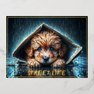 ブルーアイアートと雨の日にかわいい小さな犬 箔シーズンポストカード