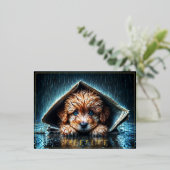 ブルーアイアートと雨の日にかわいい小さな犬 箔シーズンポストカード (立ち正面)