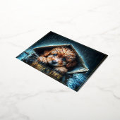 ブルーアイアートと雨の日にかわいい小さな犬 箔シーズンポストカード (回転した状態)