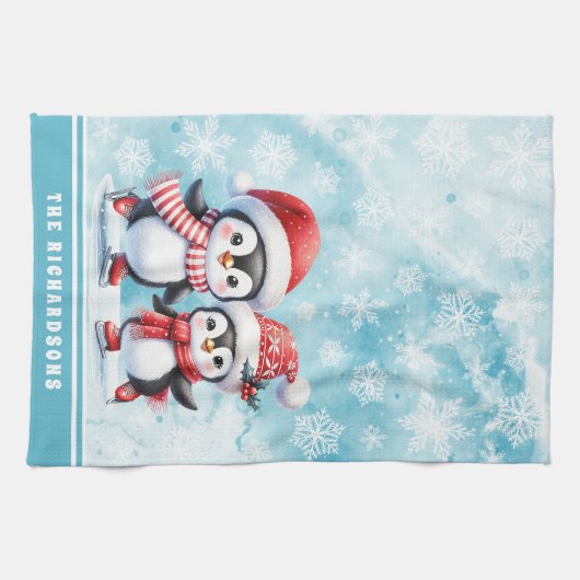 ブルーアイスエレガントスケートで滑るペンギンファミリークリスマス キッチンタオル (横)