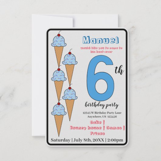 ブルーアイスクリームコーン6thバースデーパーティーキッズ 招待状 (正面)