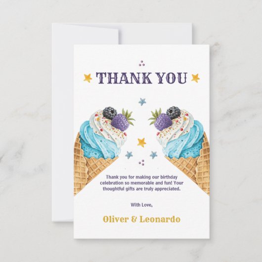 ブルーアイスクリームスクープ2人の男の子の誕生日双子 サンキューカード (正面)