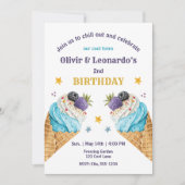 ブルーアイスクリームスクープ2人の男の子の誕生日双子 招待状 (正面)