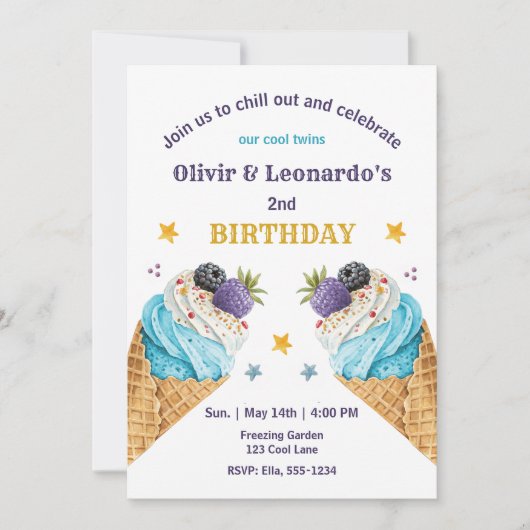 ブルーアイスクリームスクープ2人の男の子の誕生日双子 招待状 (正面)