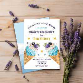 ブルーアイスクリームスクープ2人の男の子の誕生日双子 招待状