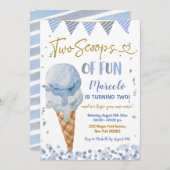 ブルーアイスクリームツースクープおもしろい第2誕生日 招待状 (正面/裏面)