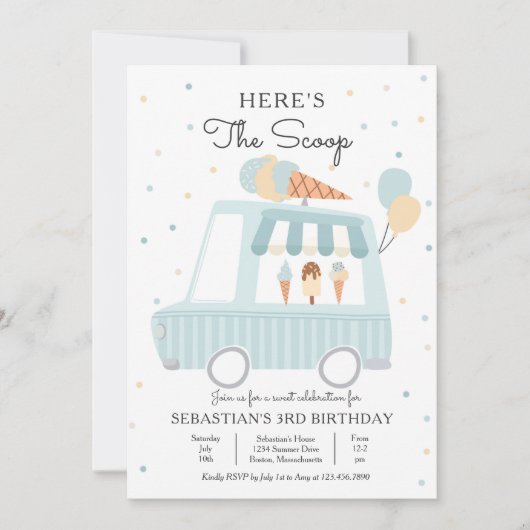 ブルーアイスクリームトラックはこちらスクープ誕生日 招待状 (正面)
