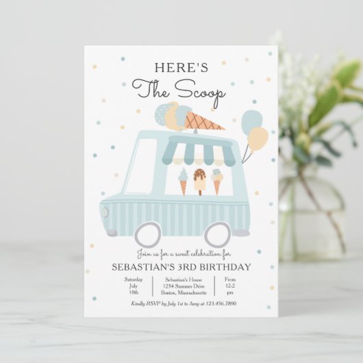 ブルーアイスクリームトラックはこちらスクープ誕生日 招待状 (スタンド正面)