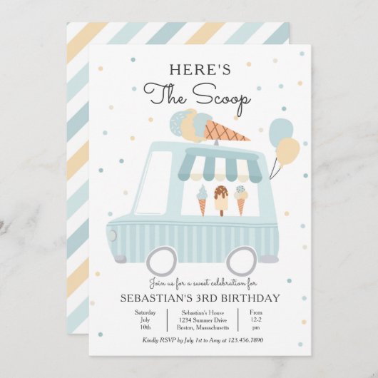 ブルーアイスクリームトラックはこちらスクープ誕生日 招待状 (正面/裏面)