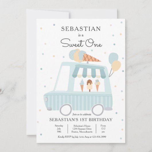 ブルーアイスクリームトラックスウィートワン誕生日パーティー 招待状 (正面)