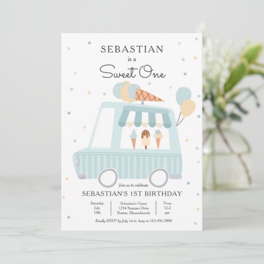 ブルーアイスクリームトラックスウィートワン誕生日パーティー 招待状 (スタンド正面)