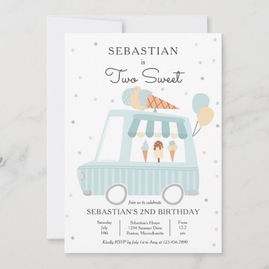 ブルーアイスクリームトラック2つの甘い2番目の誕生日パーティー 招待状 (正面)