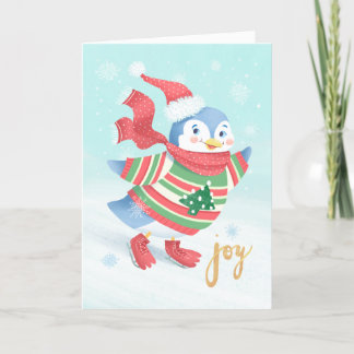 ブルーアイススケートで滑るペンギンクリスマスカード カード