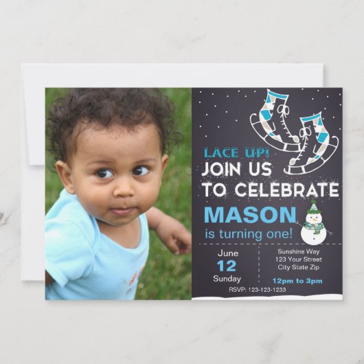 ブルーアイススケート誕生日招待状と写真 招待状 (正面)