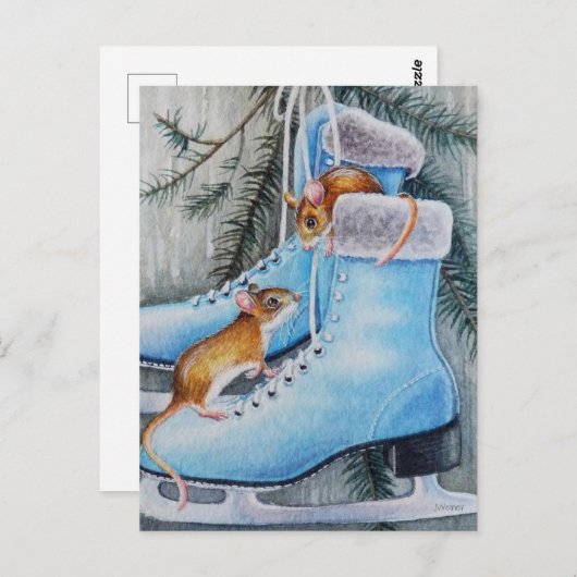 ブルーアイススケート&ネズミホリデーホームウォーターカラーアート ポストカード (正面/裏面)