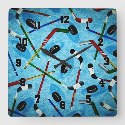 ブルーアイスホッケーテーマ スクエア壁時計 (正面)