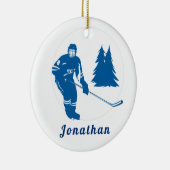 ブルーアイスホッケープレーヤー名前をカスタムするウィンタースポーツ セラミックオーナメント (右)
