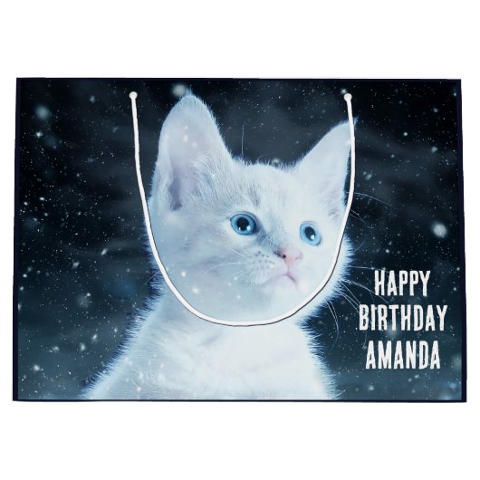 ブルーアイズかわいらしかわいい白い子猫誕生日 ラージペーパーバッグ (正面)