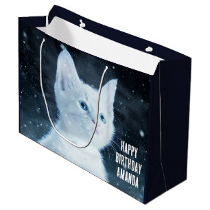 ブルーアイズかわいらしかわいい白い子猫誕生日 ラージペーパーバッグ