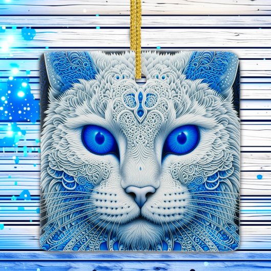 ブルーアイズクリスマスの白い猫 セラミックオーナメント