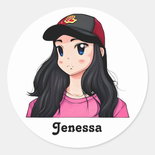 ブルーアイドブラックヘアアニメパーソナライズされたガール ラウンドシール (正面)