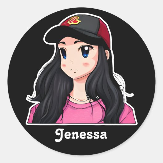 ブルーアイドブラックヘアアニメパーソナライズされたガール ラウンドシール (正面)