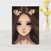 ブルーアイドブルネットアニメガール誕生日 カード (黄色い花)
