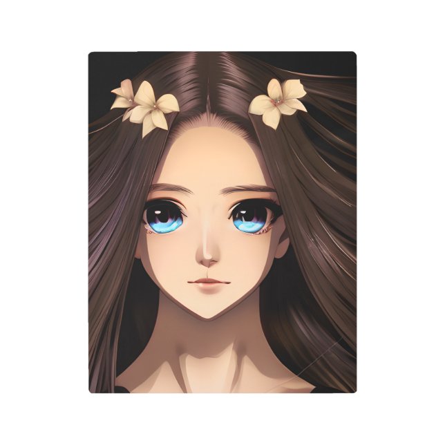 ブルーアイドブルネットアニメガール メタルプリント (正面)