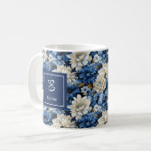 ブルーアイボリーのお花の名入れマグカップ コーヒーマグカップ (正面左)