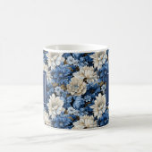 ブルーアイボリーのお花の名入れマグカップ コーヒーマグカップ (中央)
