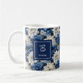 ブルーアイボリーのお花の名入れマグカップ コーヒーマグカップ (左)