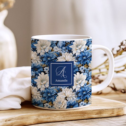 ブルーアイボリーのお花の名入れマグカップ コーヒーマグカップ