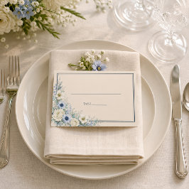 ブルーアイボリーの冬の花のデザインの結婚式フラットプレイスカード プレイスカード