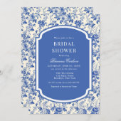 ブルーアイボリーチノイスリーフローラブライダルシャワー 招待状 (正面/裏面)