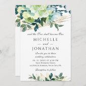ブルーアイボリー金ゴールドフローラグリーナリークリスチャン結婚ズ 招待状 (正面/裏面)