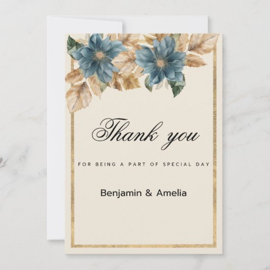 ブルーアイボリー金ゴールド秋春フローラありがとう 招待状 (正面)