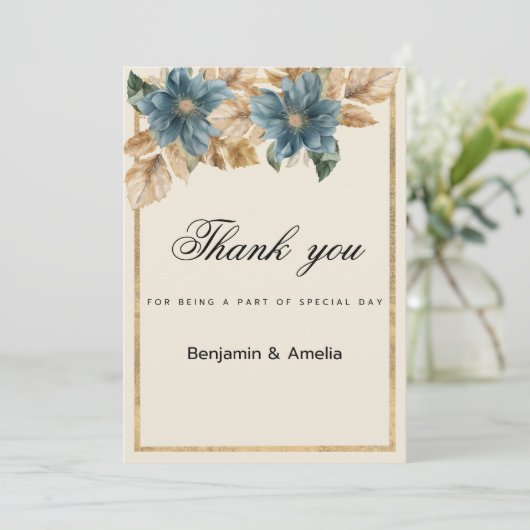 ブルーアイボリー金ゴールド秋春フローラありがとう 招待状 (スタンド正面)