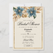 ブルーアイボリー金ゴールド秋春フローラブライダルシャワー 招待状 (正面)
