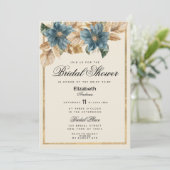 ブルーアイボリー金ゴールド秋春フローラブライダルシャワー 招待状 (スタンド正面)