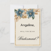 ブルーアイボリー金ゴールド秋春フローラブライデスメイド 招待状 (正面)