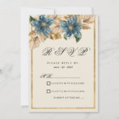 ブルーアイボリー金ゴールド秋春フローラRSVP 招待状 (正面)