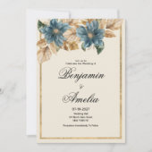ブルーアイボリー金ゴールド秋春結婚フローラ 招待状 (正面)