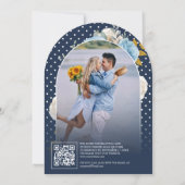 ブルーアイボリー フローラル ローズ QRコード 写真 紺 結婚式 招待状 (裏面)