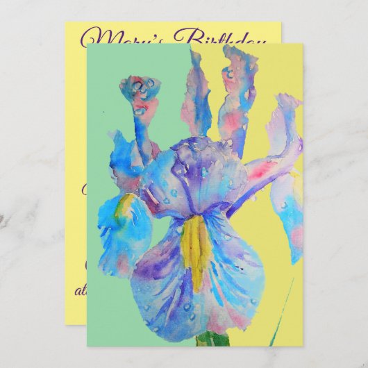 ブルーアイリスアート 水彩画 誕生日招待状 招待状 (正面/裏面)