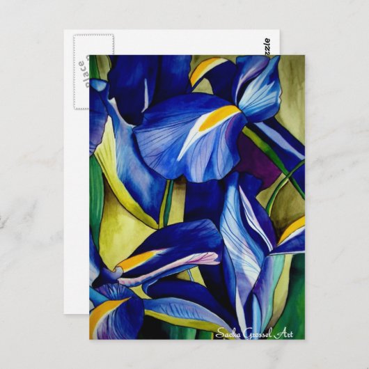 ブルーアイリスフラワーオリジナル水彩絵画アートズ ポストカード (正面/裏面)
