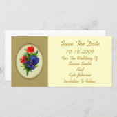 ブルーアイリスフラワーブーケ結婚式の日付を保存 セーブザデート (正面/裏面)