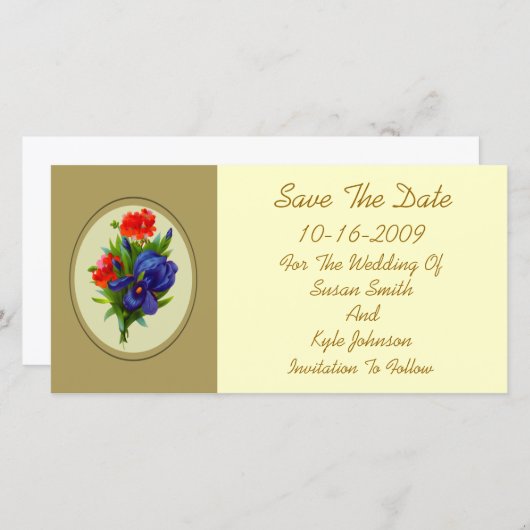 ブルーアイリスフラワーブーケ結婚式の日付を保存 セーブザデート (正面/裏面)