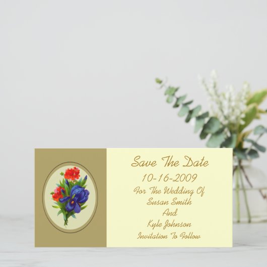 ブルーアイリスフラワーブーケ結婚式の日付を保存 セーブザデート (スタンド正面)