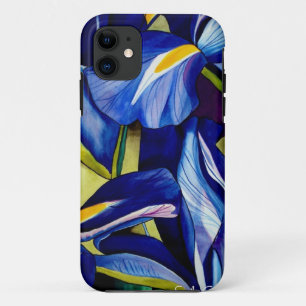 ブルーアイリス花オリジナル水彩画絵画像 iPhone 11 ケース